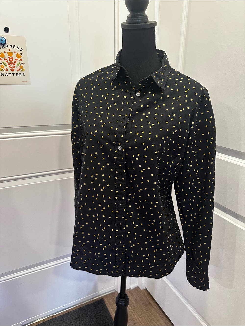 J. Crew Black Button-Down Shirt with Yellow Polka Dots